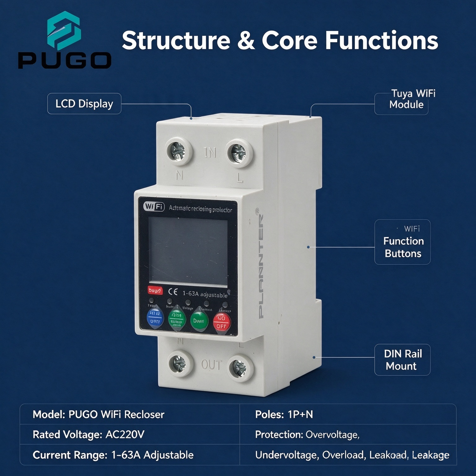 PUGO WiFi intelligent automatic reclosing protector (intelligent metering circuit breaker, 1P+N, adjustable from 1 to 63A)