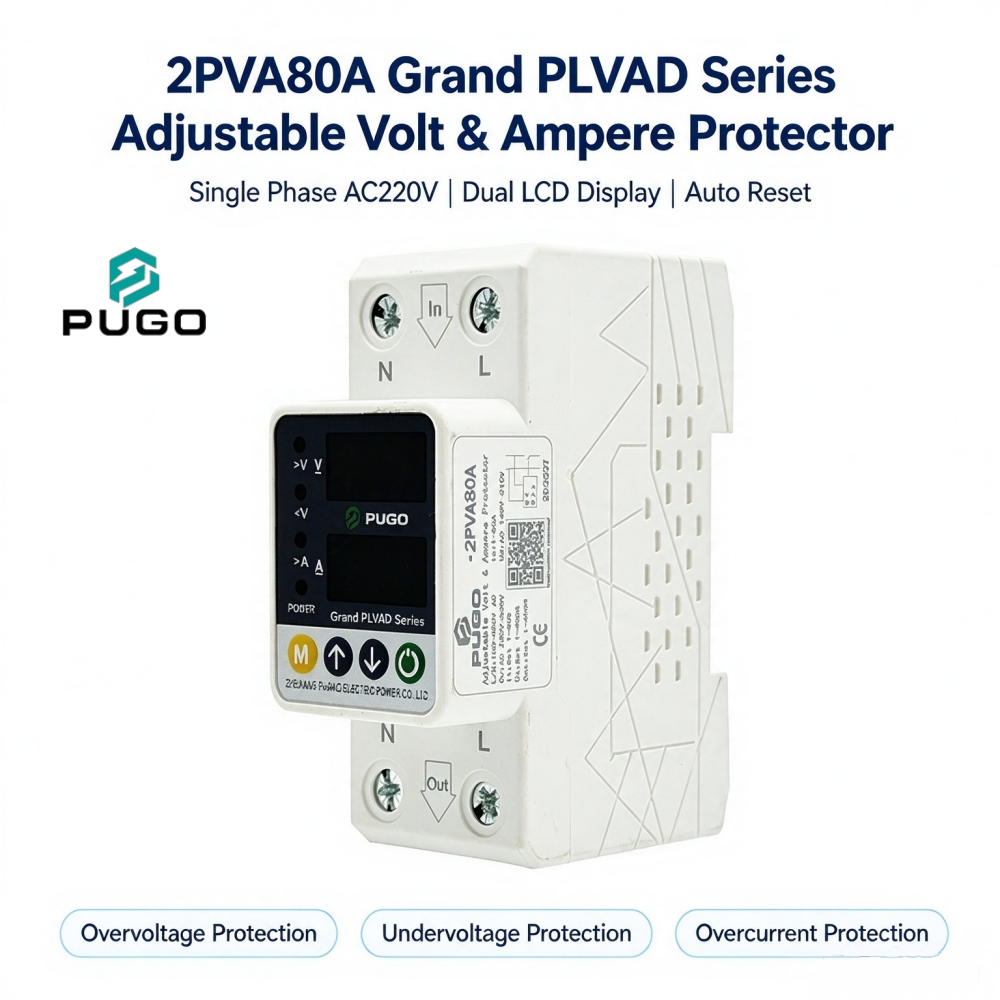 PUGO Grand PLVAD Series 2PVA 80A Single phase Digital Display Self resetting Overvoltage and Overcurrent Protector