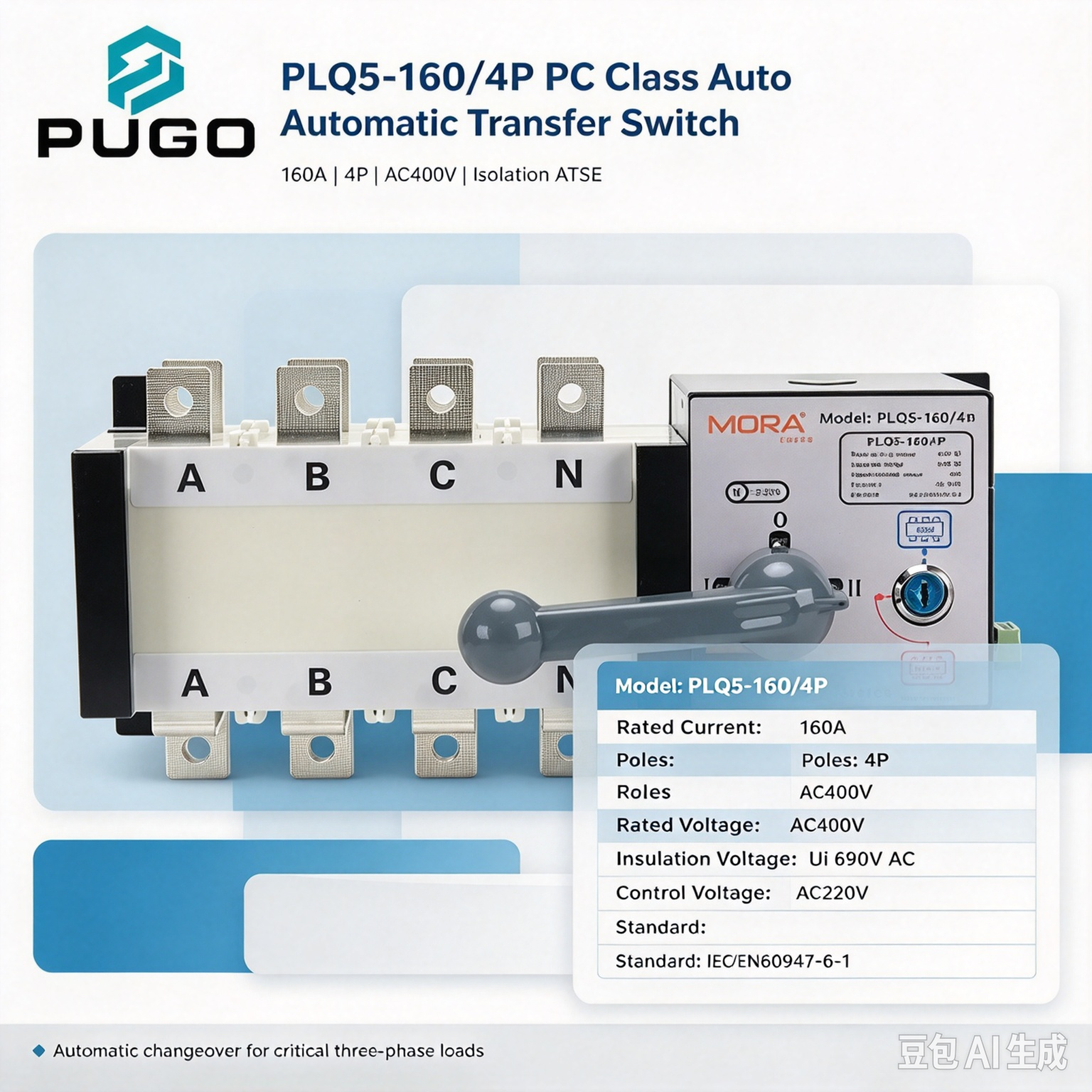 MORA PLQ5-160-4P PC level isolated dual power automatic transfer switch (ATSE)