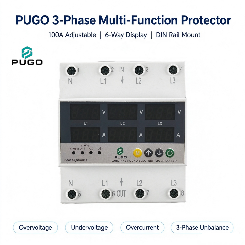 PUGO three-phase multifunctional digital display protector (100A adjustable, three-phase overvoltage, overcurrent, three-phase unbalance protection)