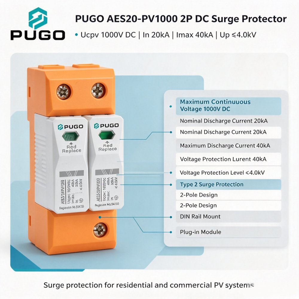 PUGO AES20-PV1000 2P Photovoltaic DC Surge Protector (SPD)