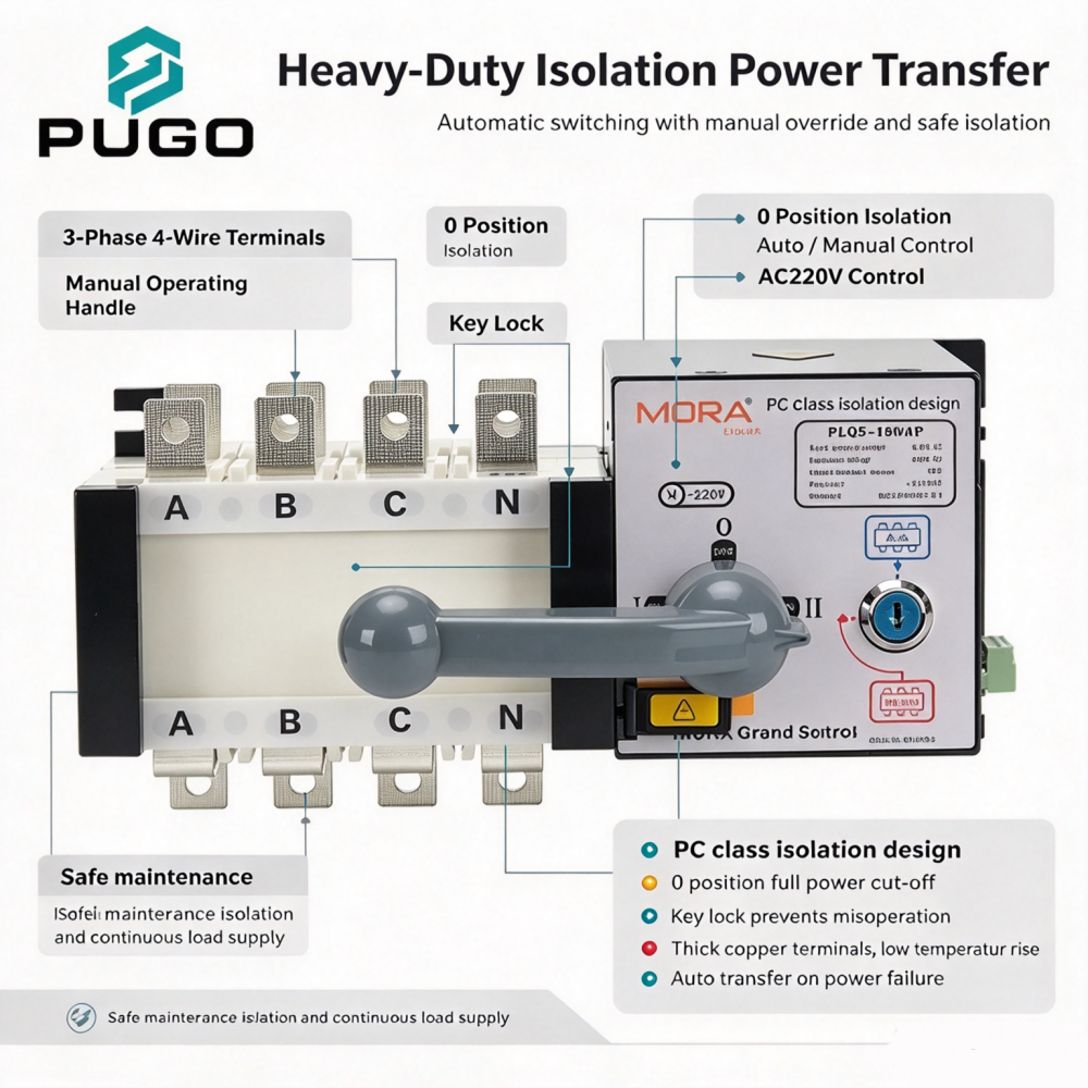 MORA PLQ5-250-4P PC level isolated dual power automatic transfer switch (ATSE)