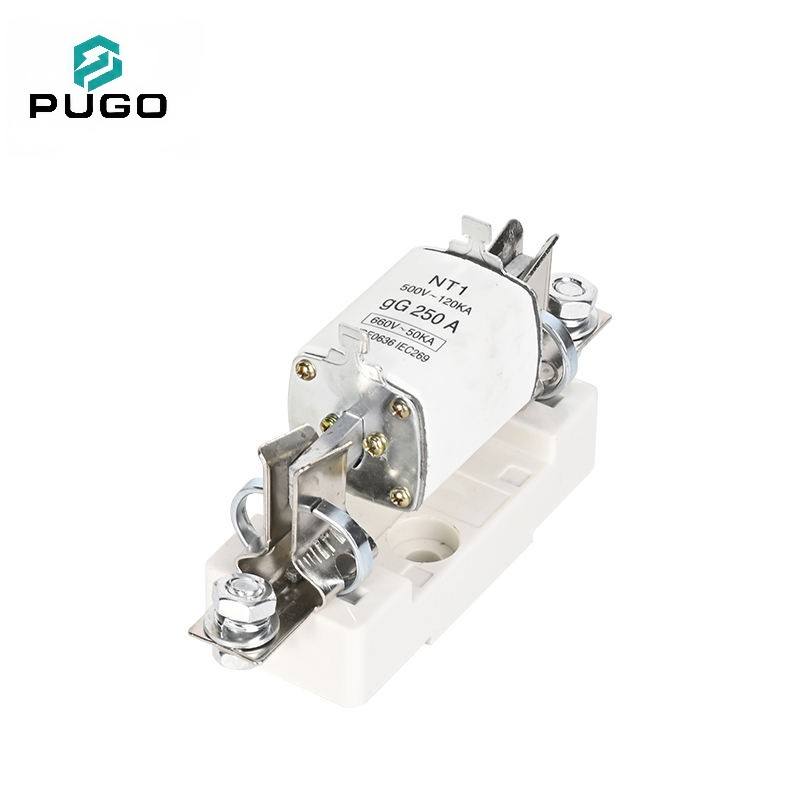 PUGO NT1 250A 660V IEC269 gG HRC Ceramic Blade Fuse Link Copper Fuse Holder Base Bolt-on 1-Pole 50kA Low Voltage Distribution