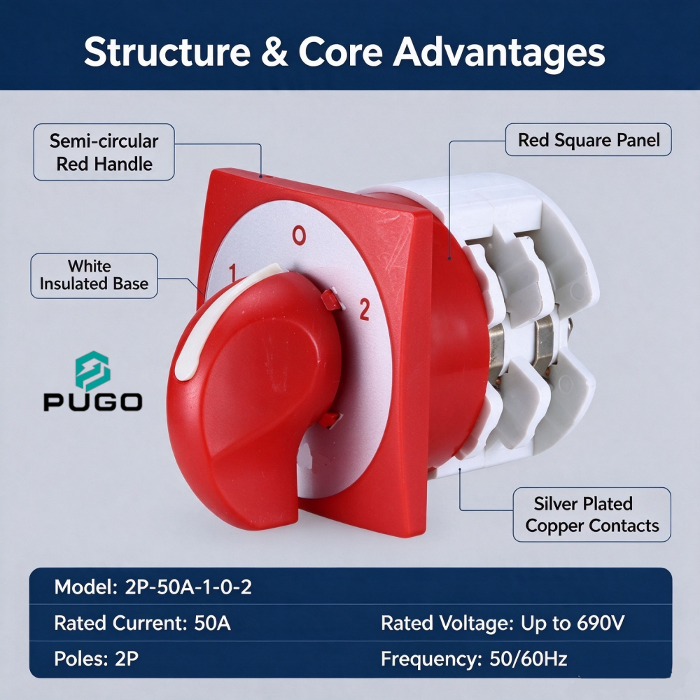 PUGO Universal transfer switch - semi-circular arc-shaped -2P-50A-1-0-2