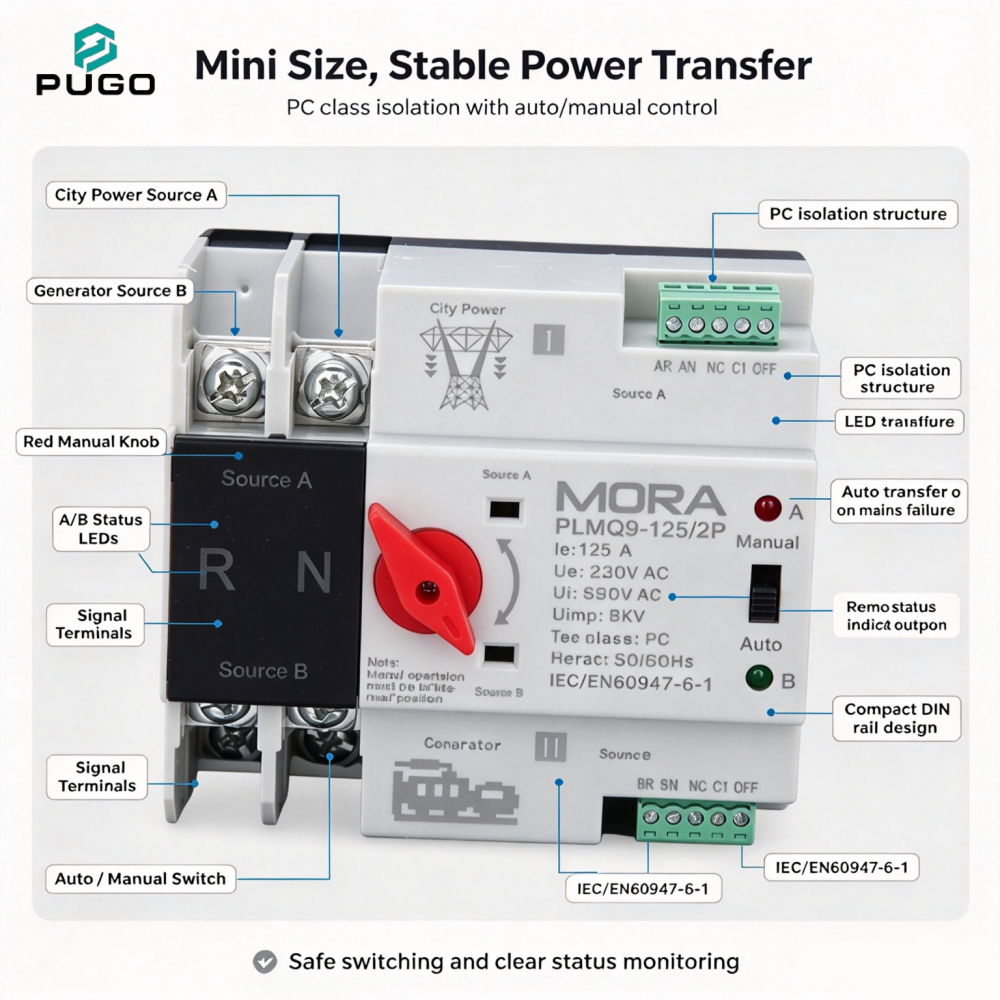 MORA PLMQ9-125-2P PC grade Mini Dual Power Automatic Transfer Switch (ATSE)