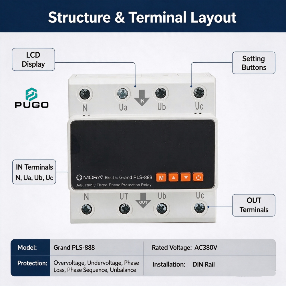 MORA Grand PLS-888 Three phase Adjustable Protection Relay (Rail type Three phase Digital Display Protector)