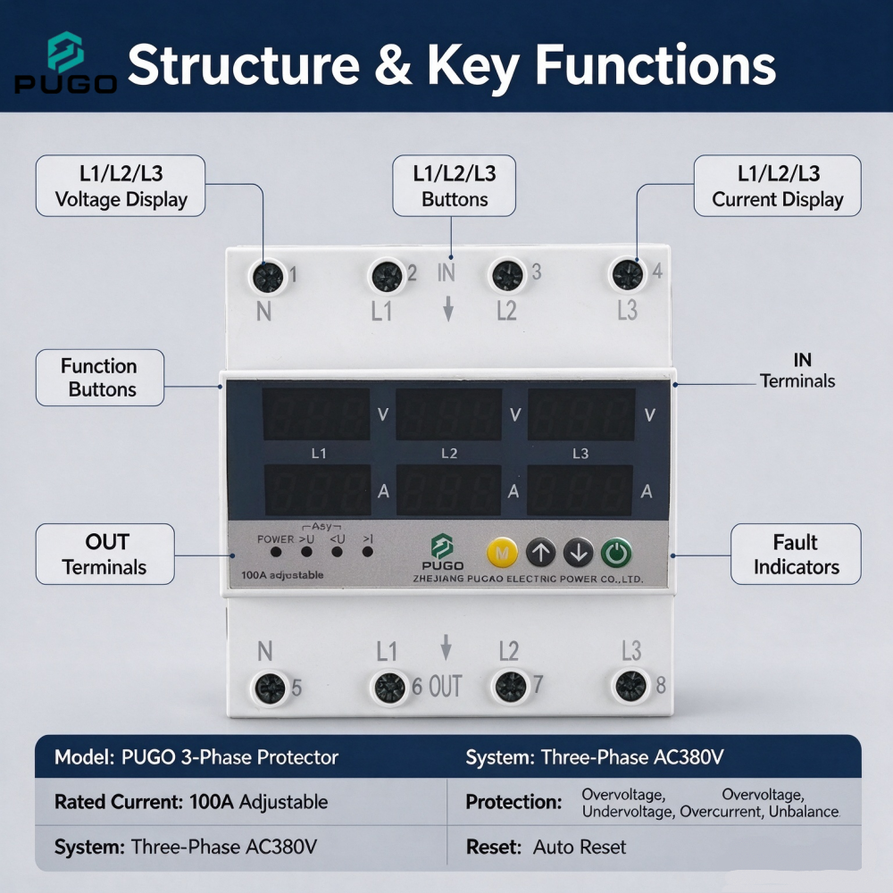 PUGO three-phase multifunctional digital display protector (100A adjustable, three-phase overvoltage, overcurrent, three-phase unbalance protection)