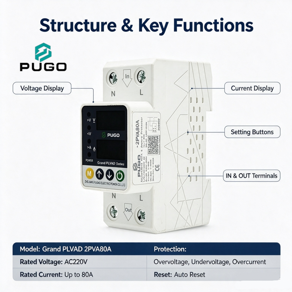 PUGO Grand PLVAD Series 2PVA 80A Single phase Digital Display Self resetting Overvoltage and Overcurrent Protector