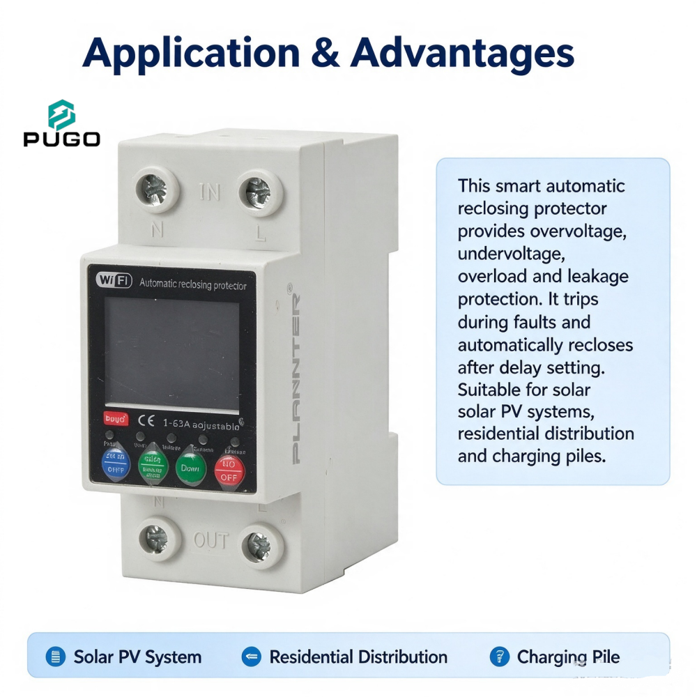 PUGO WiFi intelligent automatic reclosing protector (intelligent metering circuit breaker, 1P+N, adjustable from 1 to 63A)