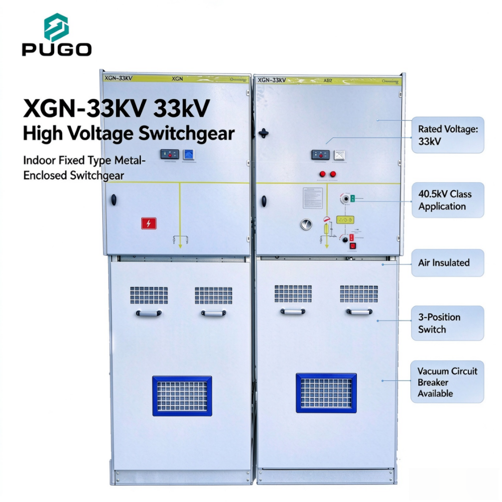 PUGO XGN-33kV Ring Main Unit (RMU), rated voltage 40.5kV, is modular gas-insulated switchgear designed for 33kV overseas power distribution network
