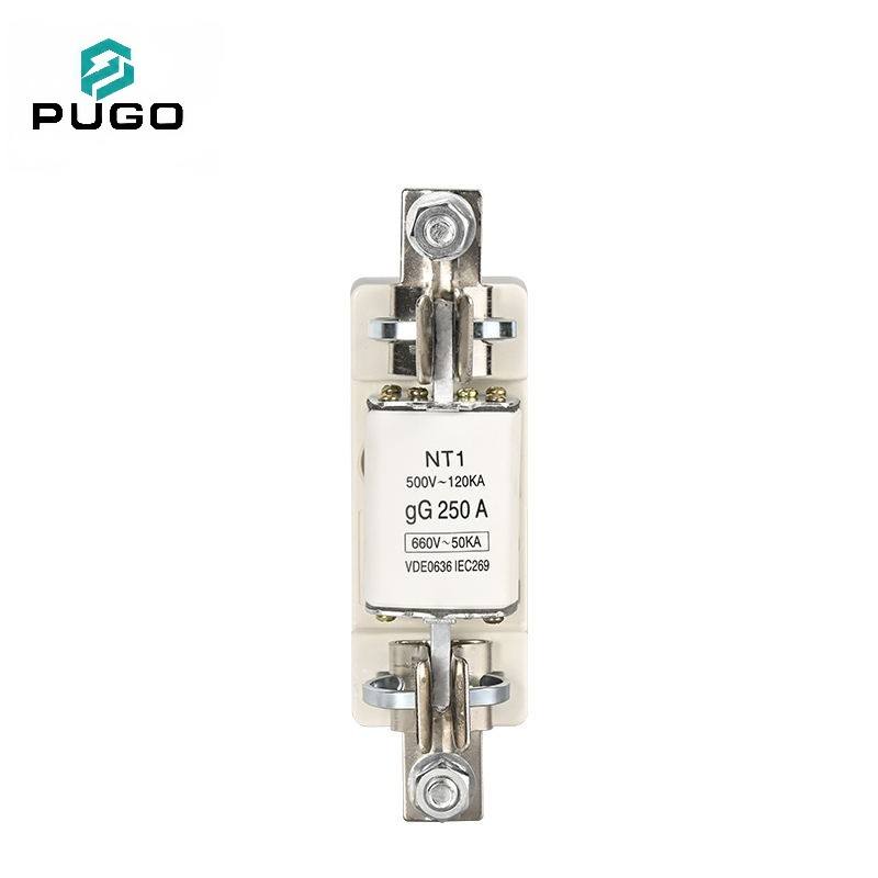 PUGO NT1 250A 660V IEC269 gG HRC Ceramic Blade Fuse Link Copper Fuse Holder Base Bolt-on 1-Pole 50kA Low Voltage Distribution