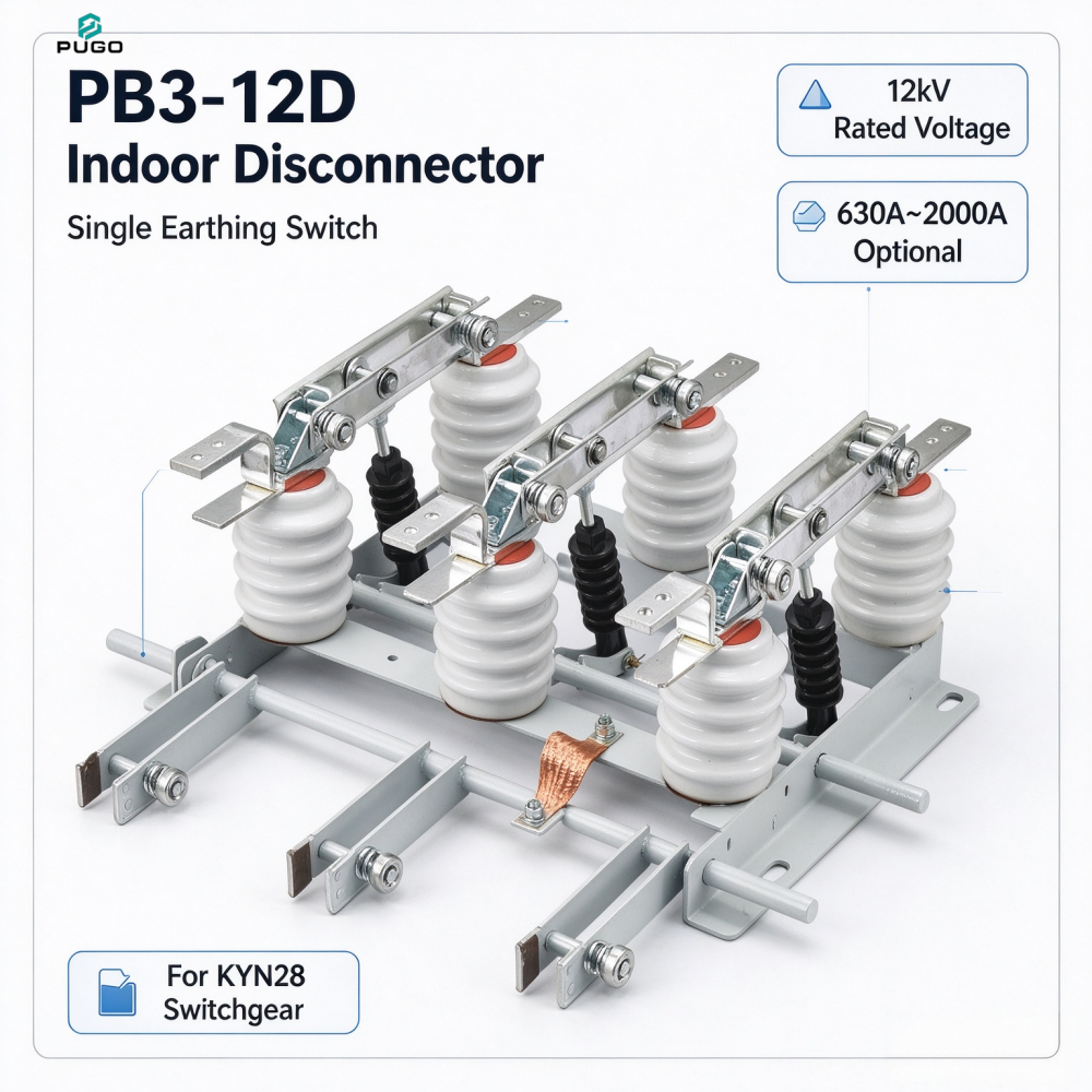 PUGO PB3-12D indoor high voltage 3-pole disconnector with single earthing switch, rated voltage 12kV rated current 630A~2000A optional