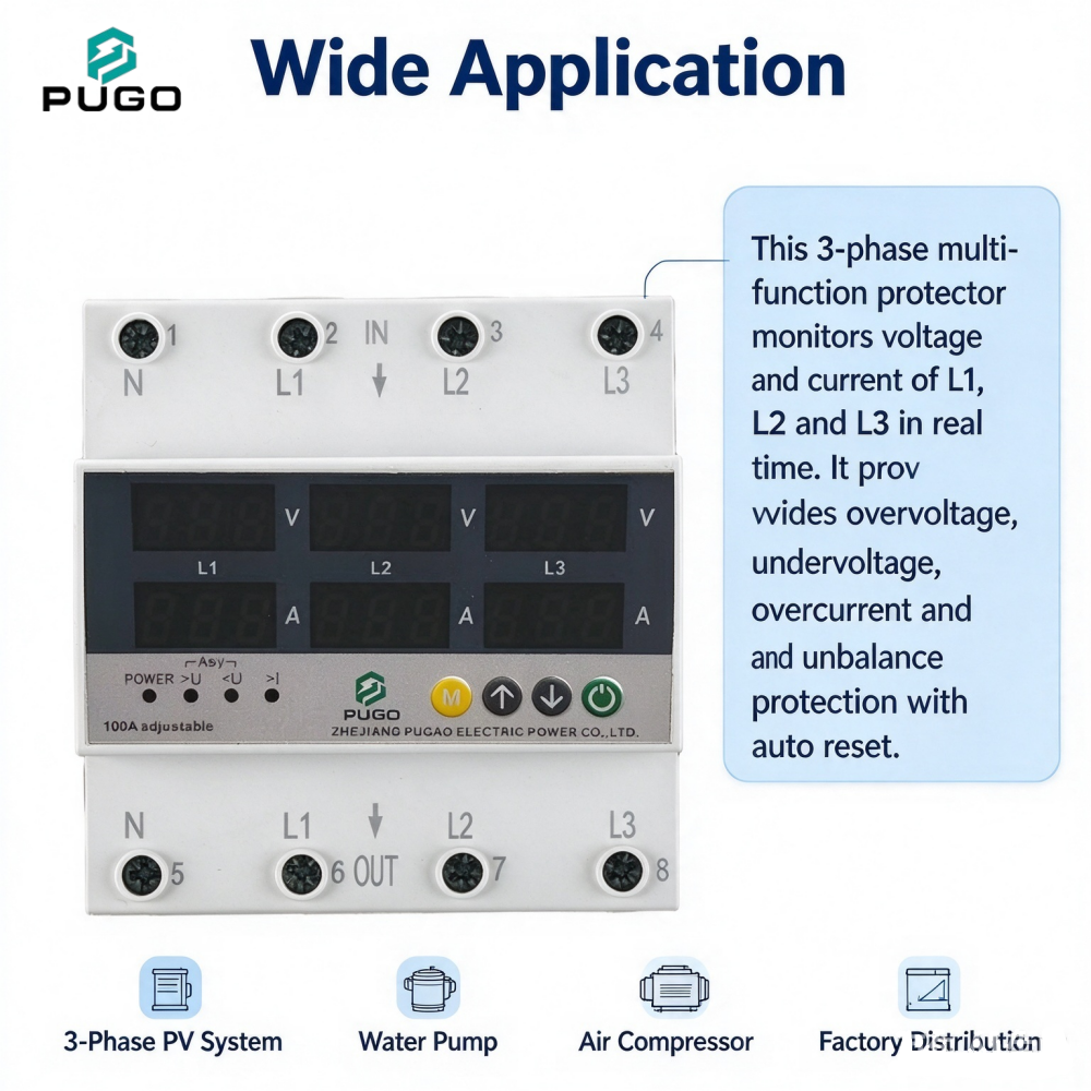 PUGO three-phase multifunctional digital display protector (100A adjustable, three-phase overvoltage, overcurrent, three-phase unbalance protection)