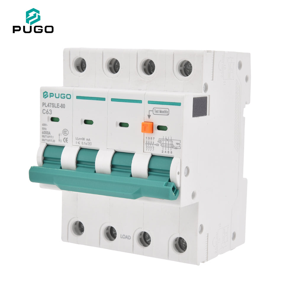 PUGO PG47SLE-80 RCBO Residual Current Circuit Breaker Overcurrent Protection 1P+N 2P 3P+N 4P 63A 230V 400V 30mA Leakage 6kA PA66 Industrial DIN
