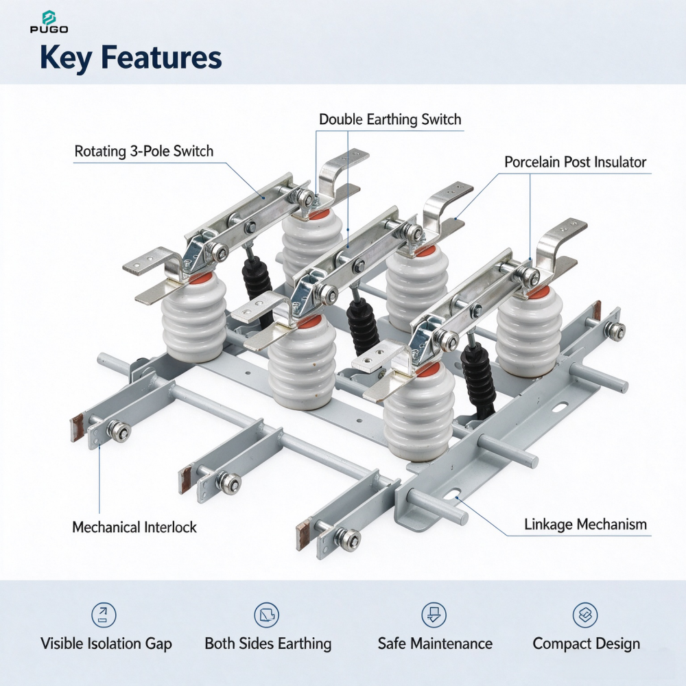 PUGO PB3-12S indoor high voltage 3-pole disconnector with double earthing switch, rated voltage 12kV rated current 630A~2000A optional
