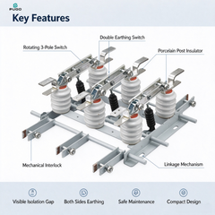 PUGO PB3-12S indoor high voltage 3-pole disconnector with double earthing switch, rated voltage 12kV rated current 630A~2000A optional
