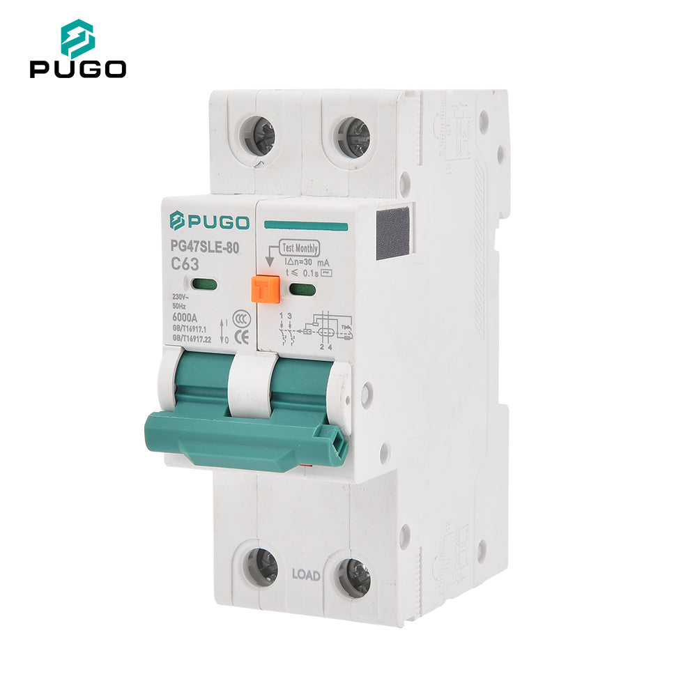 PUGO PG47SLE-80 RCBO Residual Current Circuit Breaker Overcurrent Protection 1P+N 2P 3P+N 4P 63A 230V 400V 30mA Leakage 6kA PA66 Industrial DIN