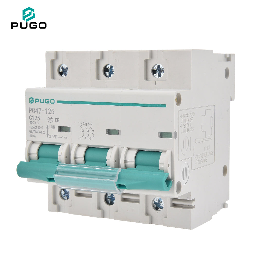 PUGO Miniature Circuit Breaker MCB PG47-125 2P 3P 4P 125A 230V 400V AC C125 10kA PA66 Industrial DIN Rail BCD Curve C Protection