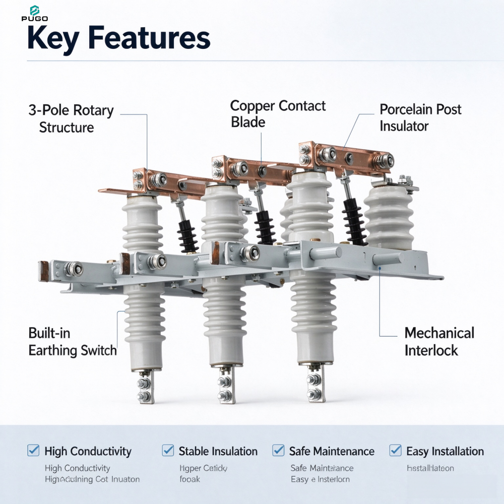PUGO GN24-12 Indoor High Voltage Disconnector with Earthing Switch rated voltage 12kV rated current 630A~2000A optional
