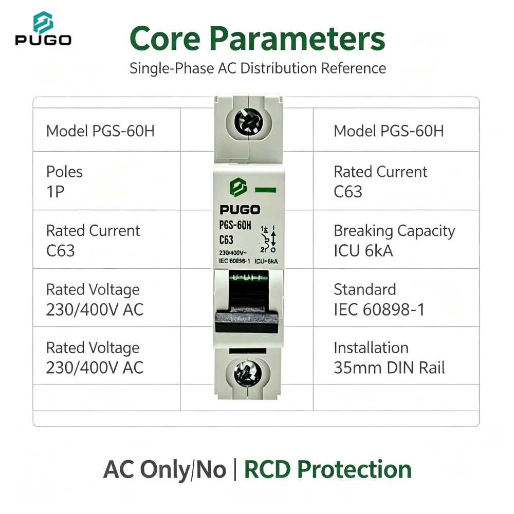 PUGO PGS-60H 1P AC Miniature Circuit Breaker (AC MCB, without leakage)