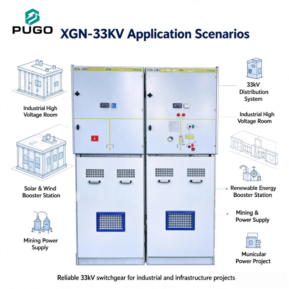 PUGO XGN-33kV Ring Main Unit (RMU), rated voltage 40.5kV, is modular gas-insulated switchgear designed for 33kV overseas power distribution network