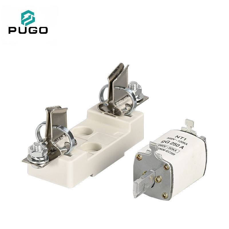 PUGO NT1 250A 660V IEC269 gG HRC Ceramic Blade Fuse Link Copper Fuse Holder Base Bolt-on 1-Pole 50kA Low Voltage Distribution
